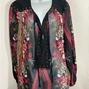 Bisou Bisou Sheer Black Floral Boho Tunic with Stud Detail Size 2XL